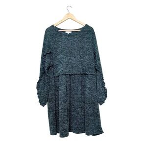Ro & De‎ Womens 2X Green Marled Knit Babydoll Dress Ruffle Sleeve